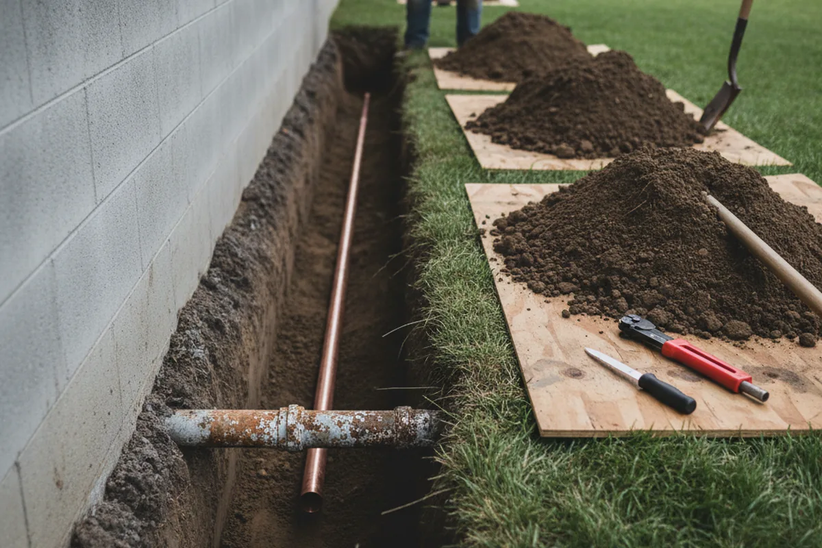 Excavated water line trench during Water Softener Installation in Kemp